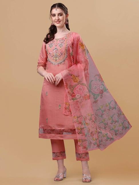 berrylicious pink chanderi embroidered kurta with pants & dupatta