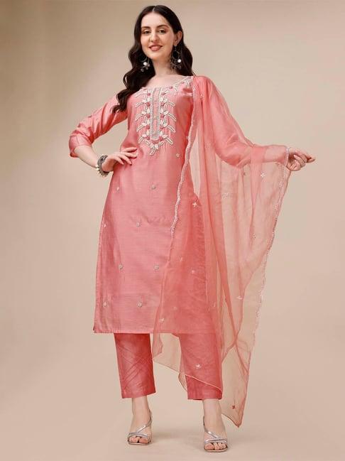 berrylicious pink chanderi embroidered kurta with pants & dupatta