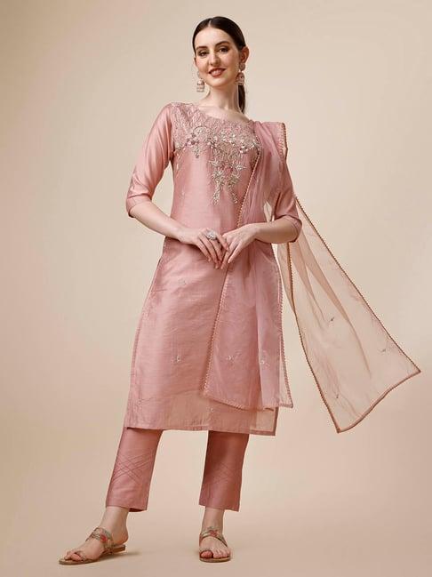 berrylicious pink chanderi embroidered kurta with pants & dupatta