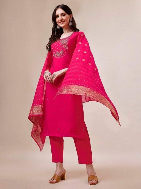 berrylicious pink embellished kurta with pant & dupatta