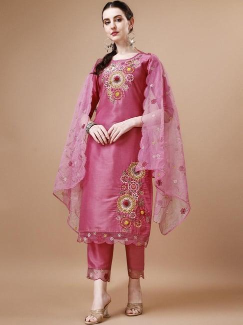 berrylicious pink embroidered kurta pant set with dupatta