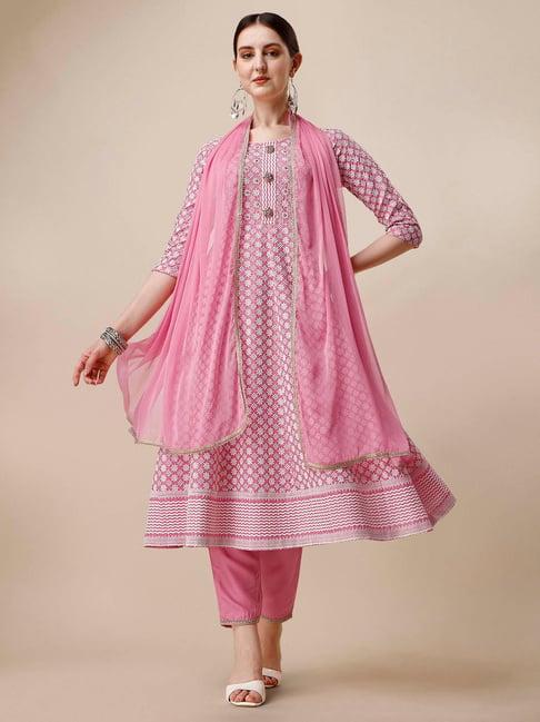 berrylicious pink rayon embroidered kurta with pants & dupatta