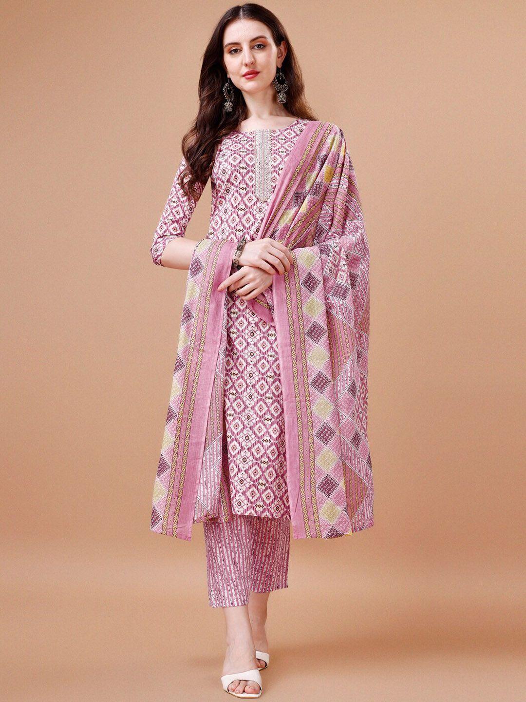 berrylicious printed regular pure cotton kurta with trousers & dupatta