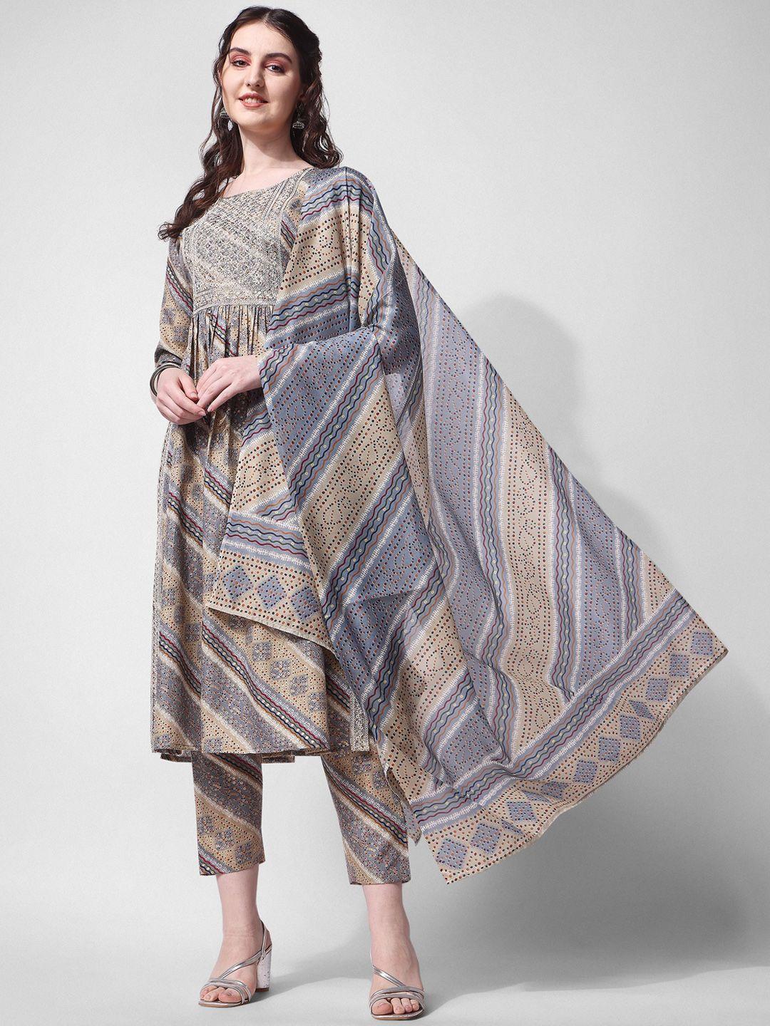 berrylicious printed thread work pure cotton kurta with trousers & dupatta