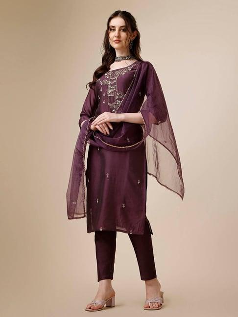 berrylicious purple chanderi embroidered kurta with pants & dupatta