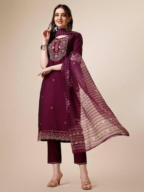 berrylicious purple embroidered kurta with pant & dupatta