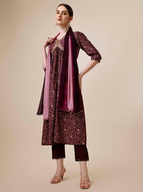 berrylicious purple embroidered kurta with pant & dupatta