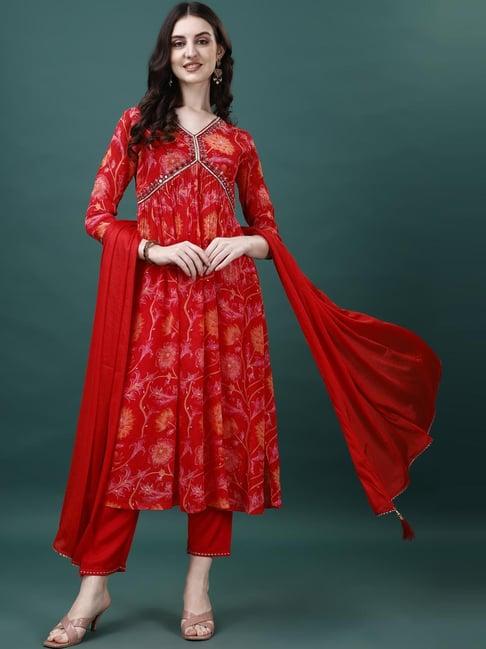 berrylicious red embellished kurta pant set with dupatta