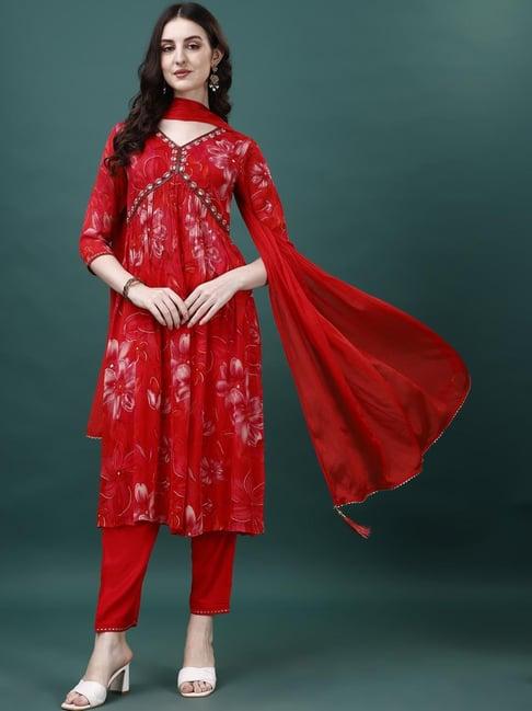 berrylicious red embellished kurta pant set with dupatta