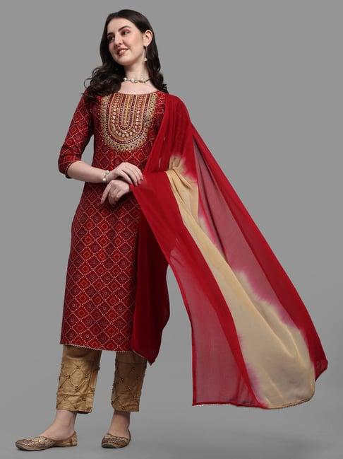 berrylicious red embroidered kurta with pants & dupatta