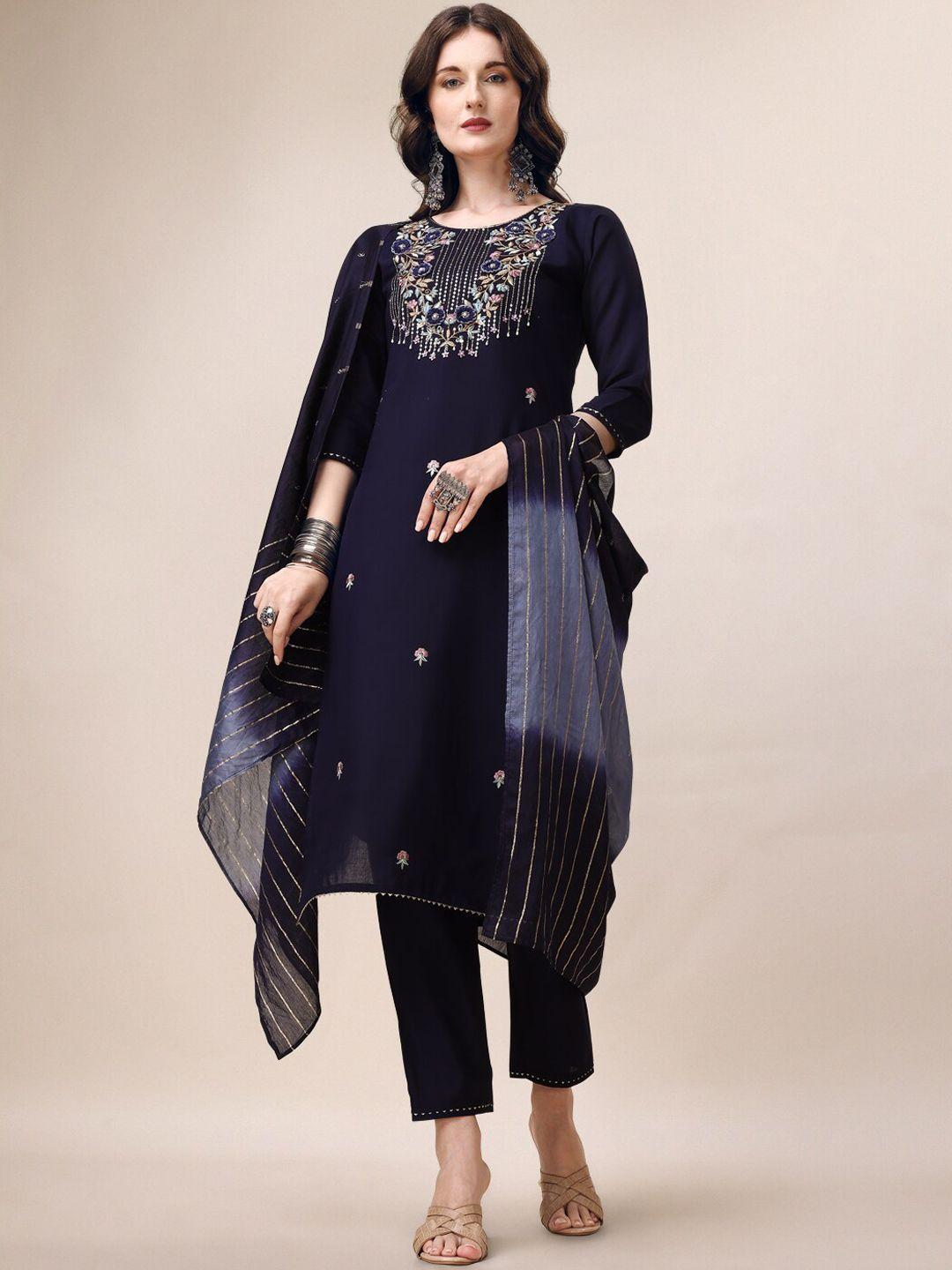 berrylicious round neck floral embroidered chanderi cotton kurta & trousers with dupatta