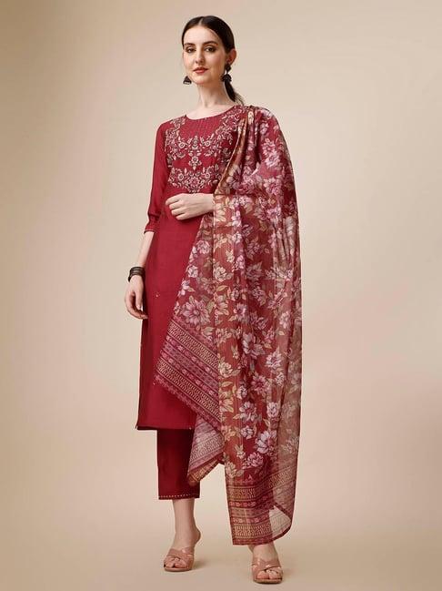 berrylicious rust embroidered kurta with pant & dupatta