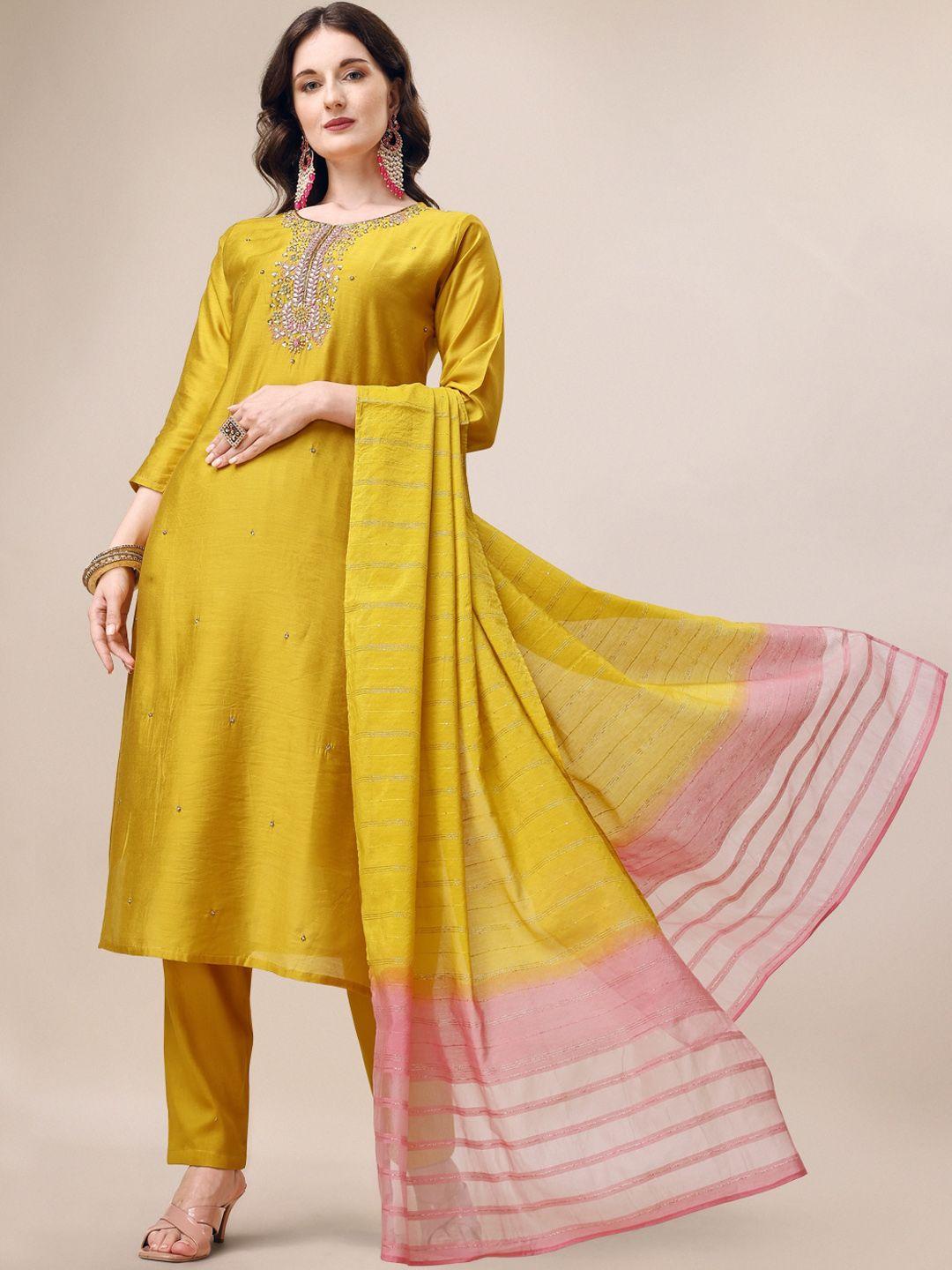berrylicious sequinned detailed chanderi cotton straight kurta & trousers with dupatta