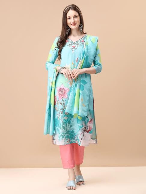 berrylicious sky blue & pink embellished kurta with pant & dupatta