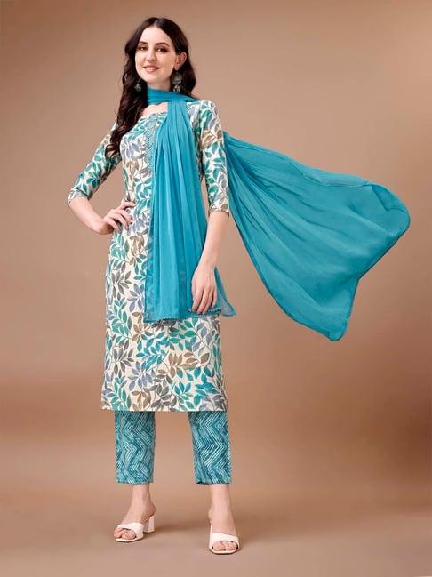 berrylicious sky blue printed kurta with pant & dupatta