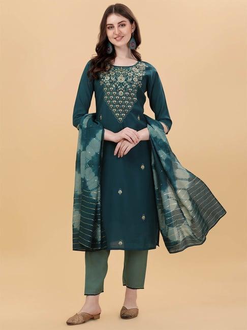 berrylicious teal chanderi embroidered kurta with pants & dupatta