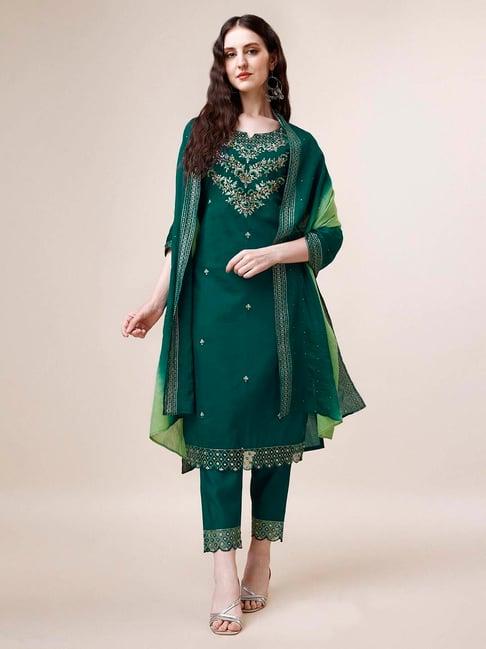 berrylicious teal embroidered kurta with pant & dupatta