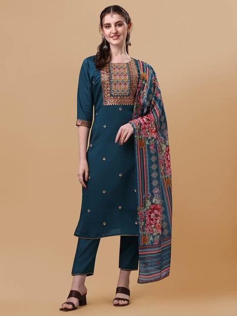 berrylicious teal embroidered kurta with pants & dupatta