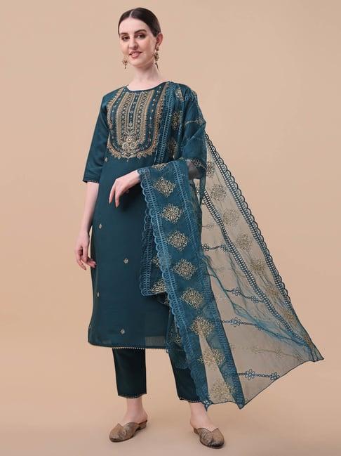 berrylicious teal embroidered kurta with pants & dupatta