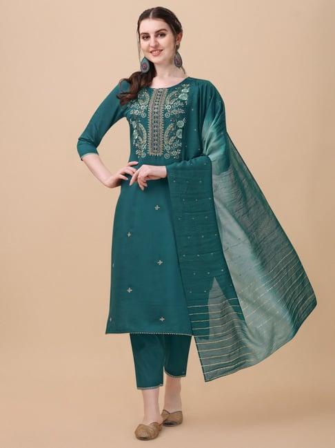 berrylicious teal embroidered kurta with pants & dupatta