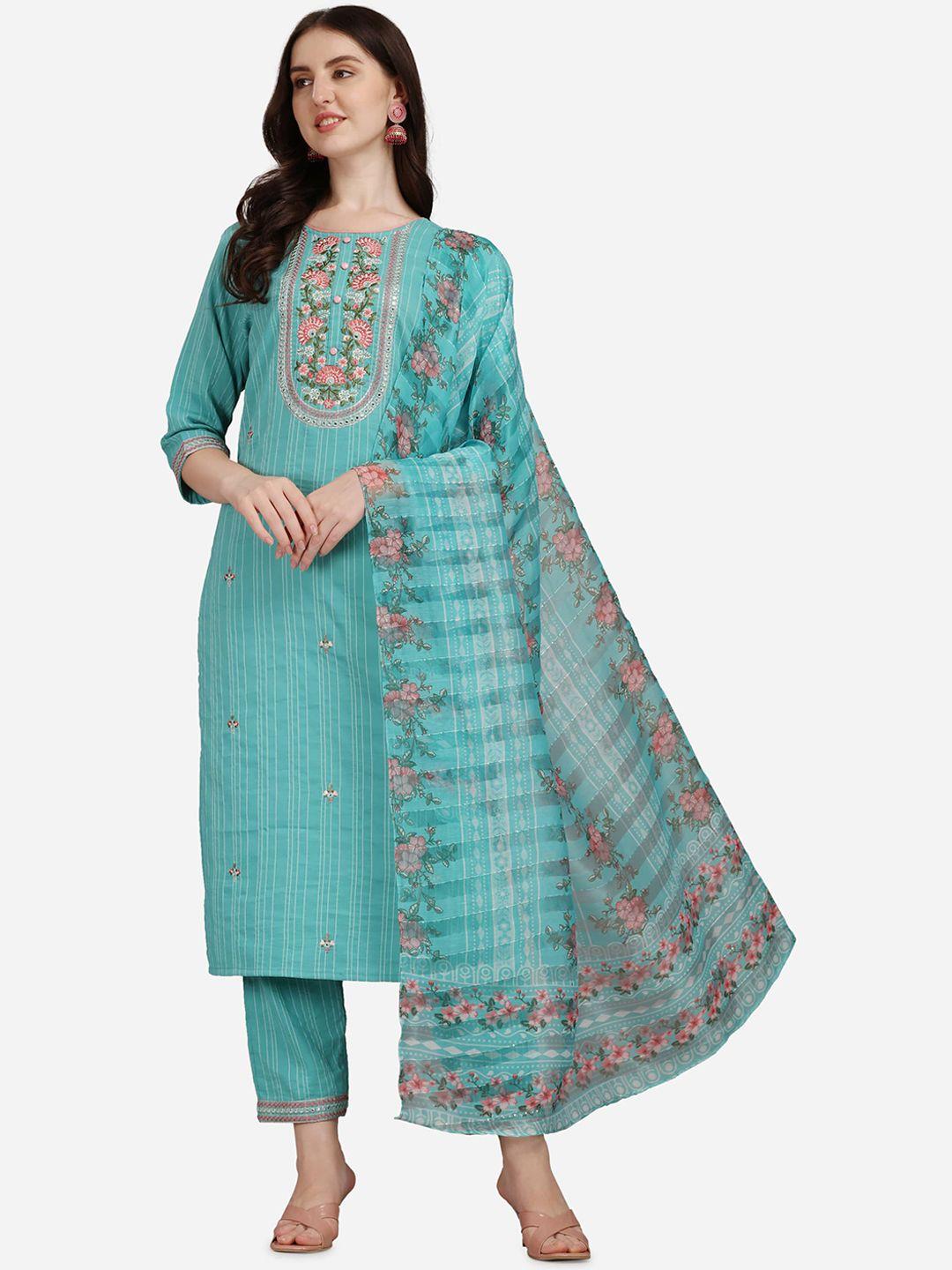 berrylicious teal floral embroidered mirror work pure cotton kurta with trouser & dupatta