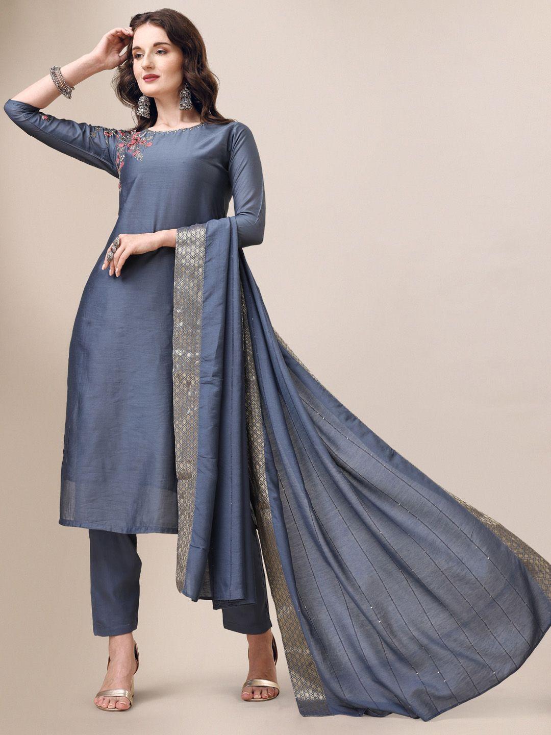 berrylicious thread work detailed chanderi cotton straight kurta & trousers with dupatta