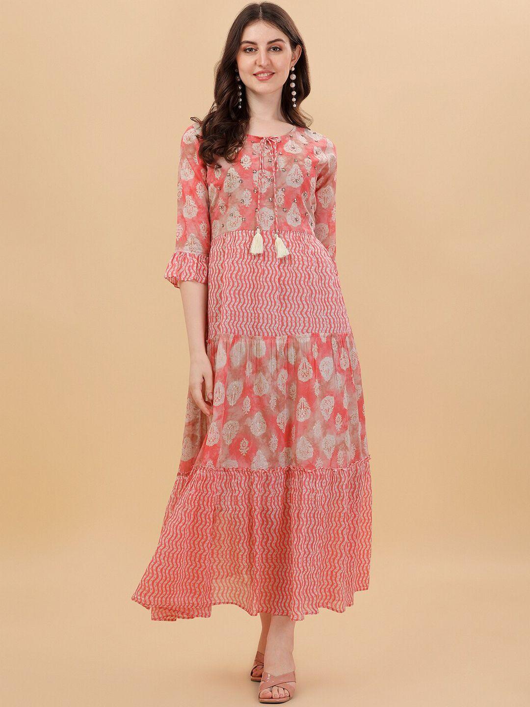 berrylicious tie-up neck ethnic motifs printed bell sleeves anarkali pure cotton kurta