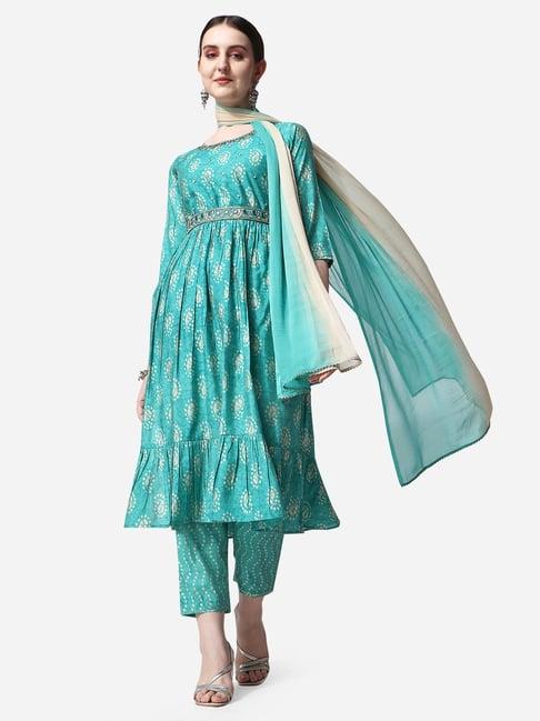 berrylicious turquoise chanderi printed kurta with pants & dupatta