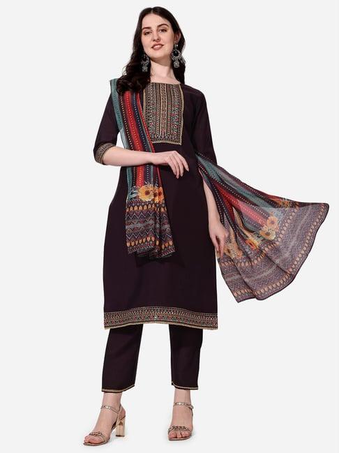 berrylicious wine chanderi embroidered kurta with pants & dupatta