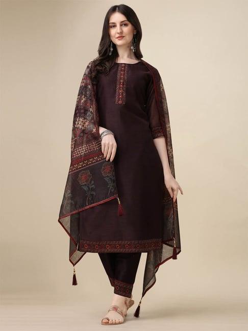 berrylicious wine chanderi embroidered kurta with pants & dupatta