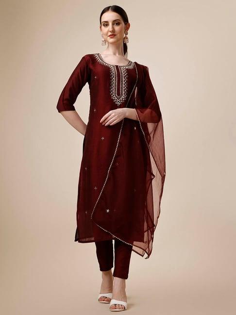 berrylicious wine chanderi embroidered kurta with pants & dupatta