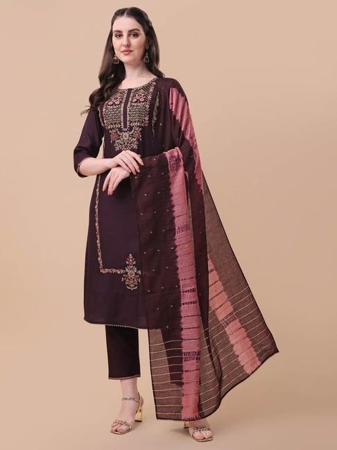 berrylicious wine embroidered kurta with pants & dupatta