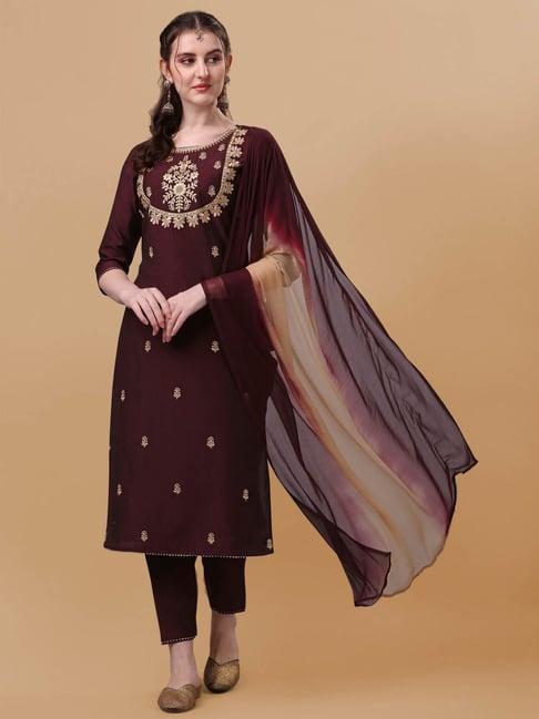 berrylicious wine embroidered kurta with pants & dupatta