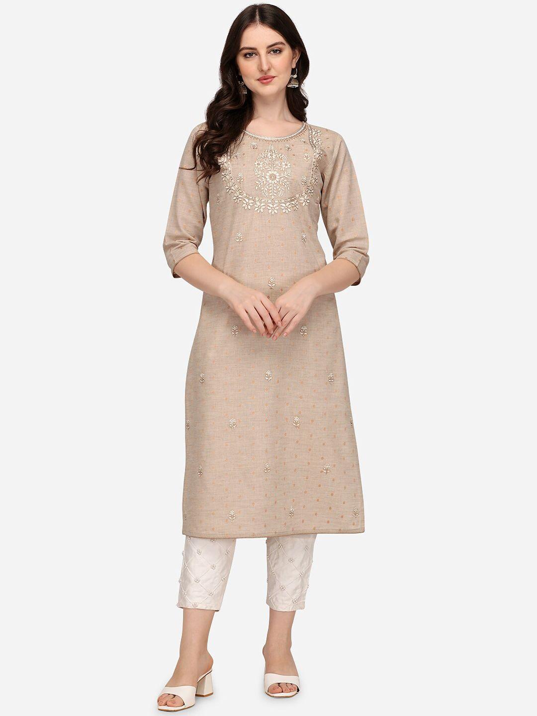 berrylicious women beige embroidered thread work kurta with trousers & with dupatta