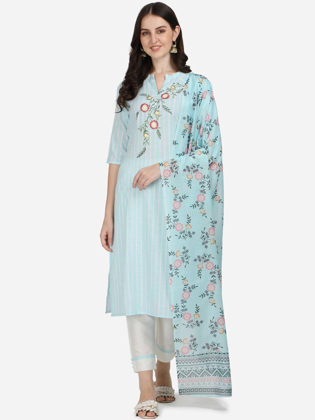 berrylicious women blue embroidered thread work pure cotton kurta with trousers & with dupatta