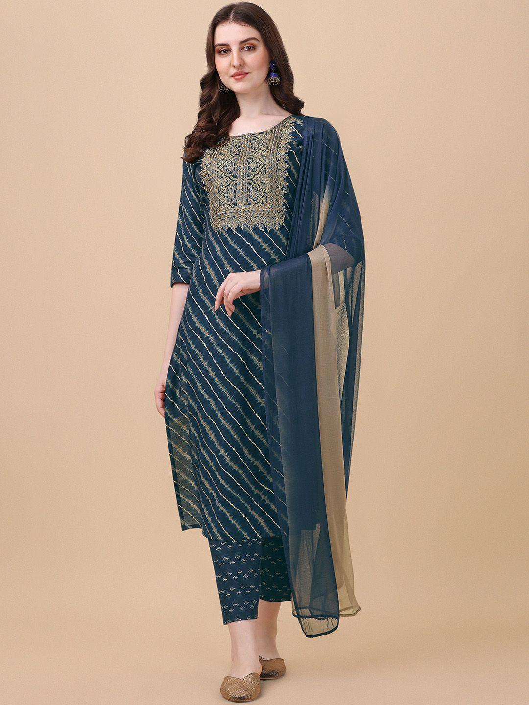 berrylicious women blue leheriya embroidered chanderi cotton kurta with trousers & dupatta