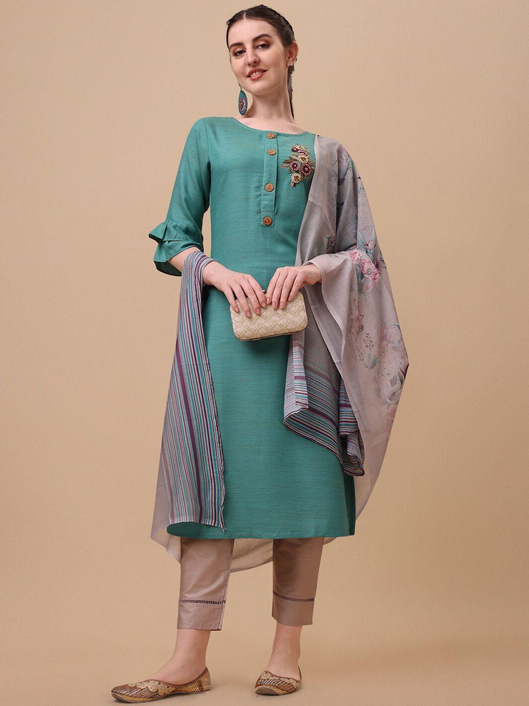 berrylicious women chanderi cotton kurta with trousers & with dupatta