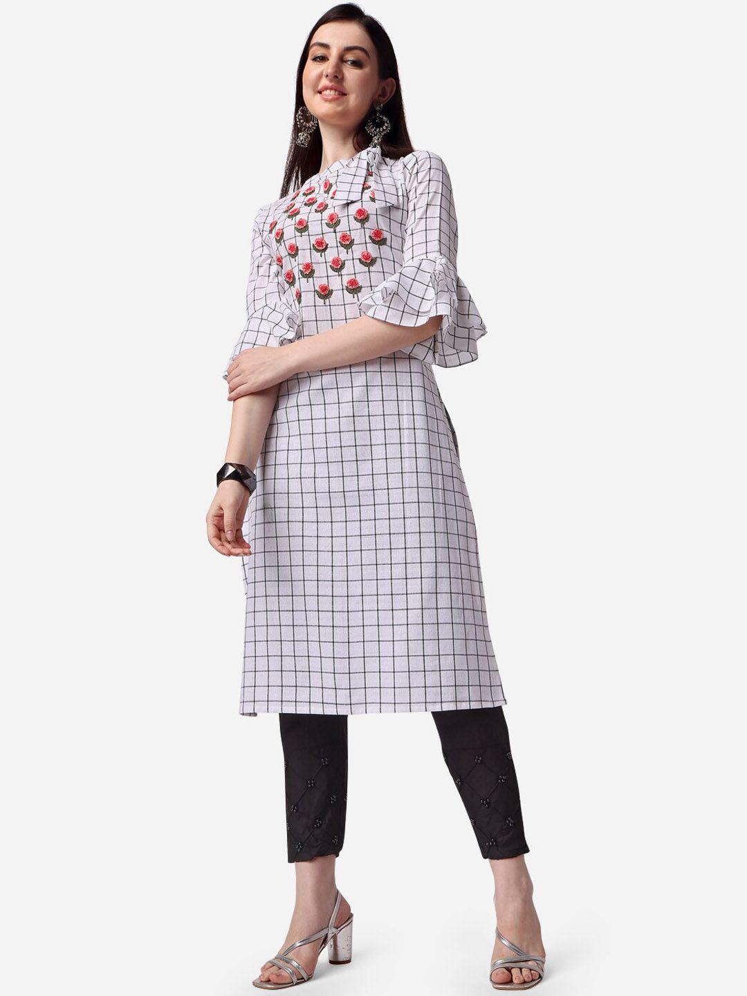 berrylicious women checked bell sleeves thread work pure cotton kurta