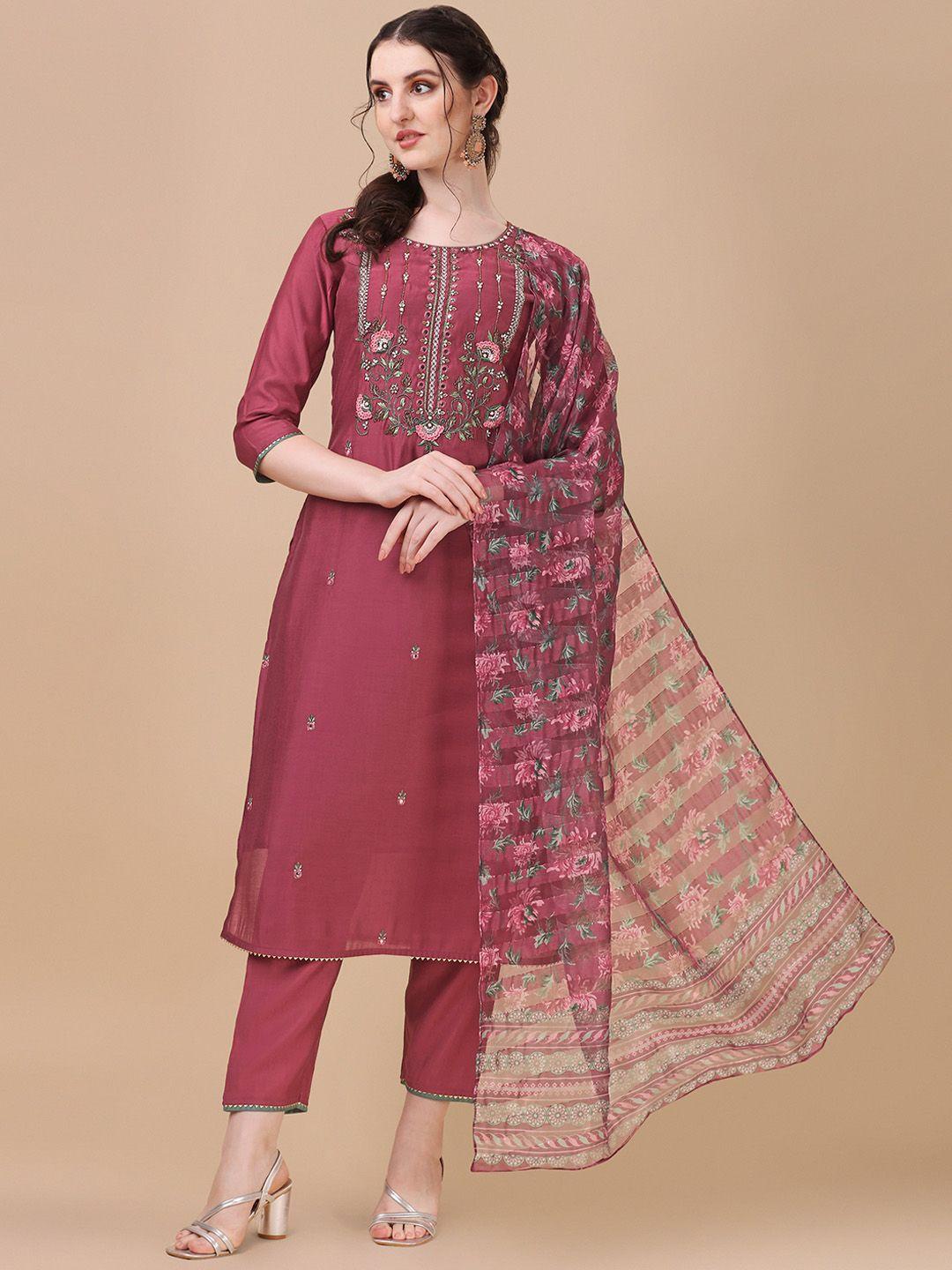 berrylicious women embroidered beads and stones chanderi cotton kurta with trousers & dupatta