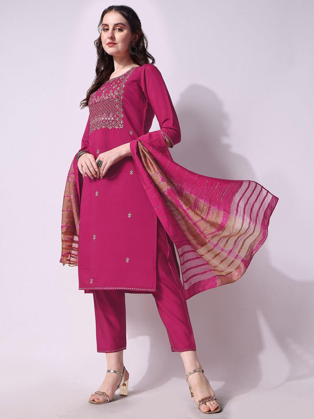 berrylicious women embroidered chanderi cotton kurta with trousers & dupatta