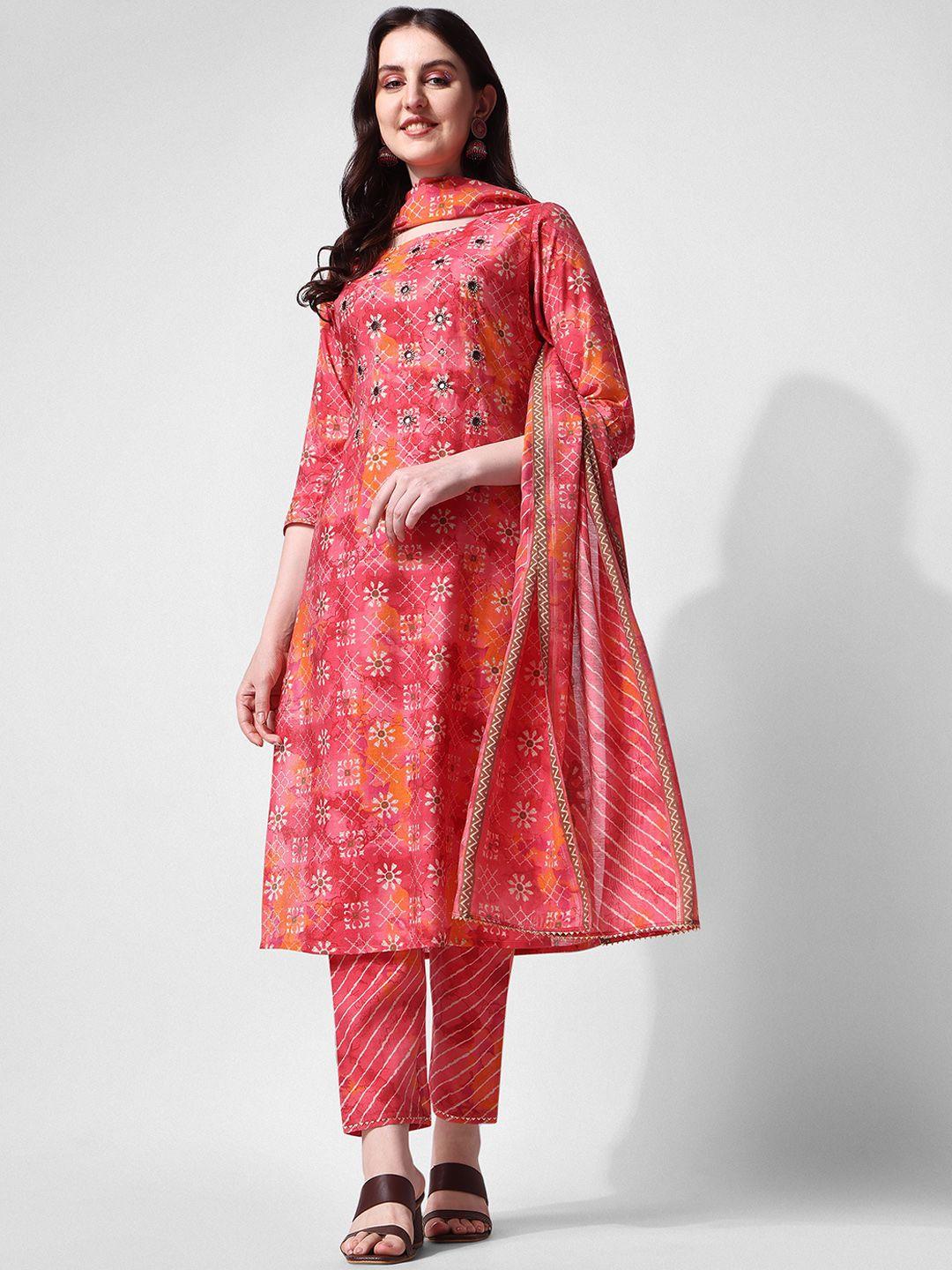 berrylicious women embroidered chanderi cotton kurta with trousers & with dupatta