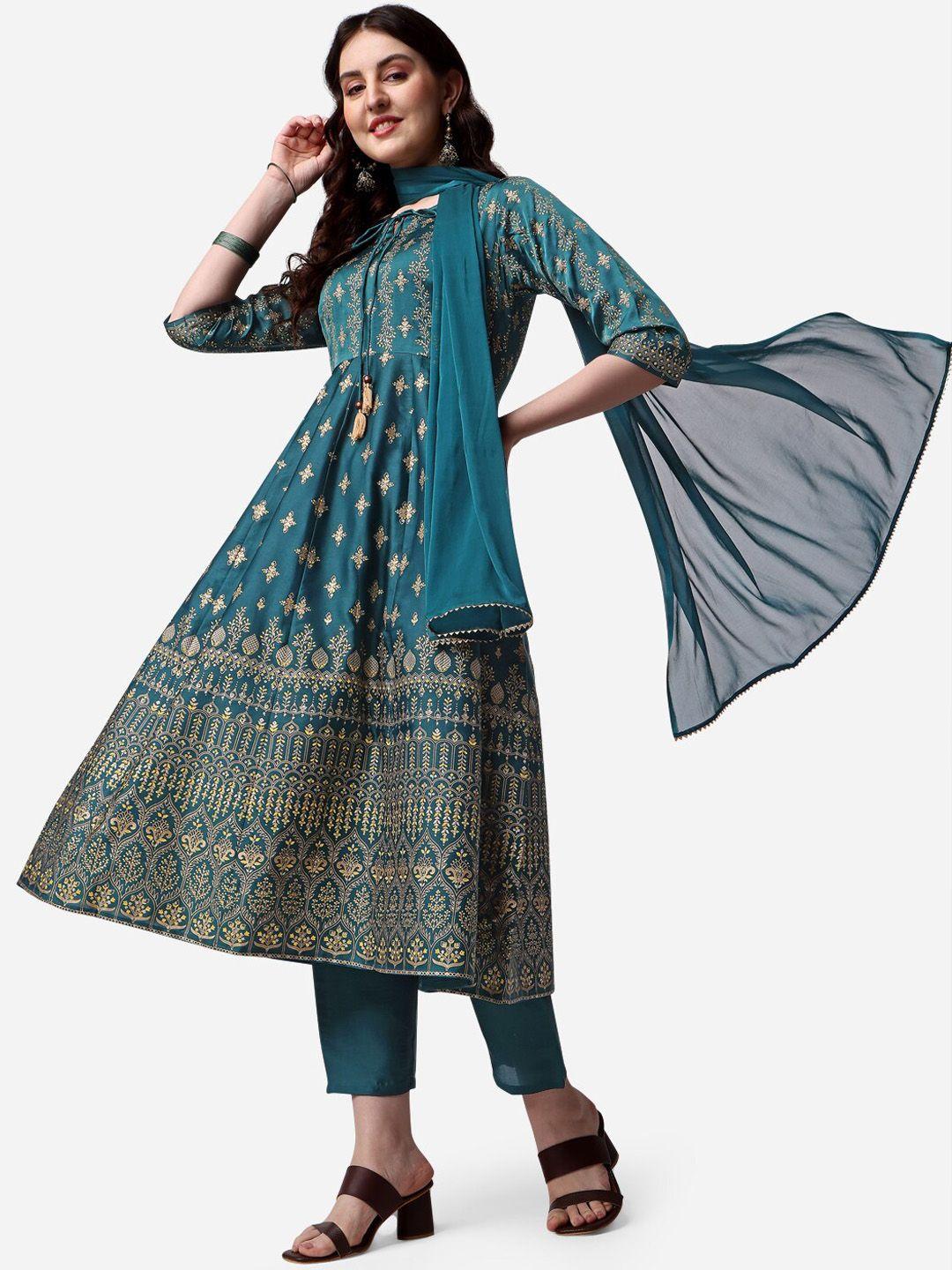 berrylicious women ethnic motifs printed pure silk kurta with trousers & dupatta