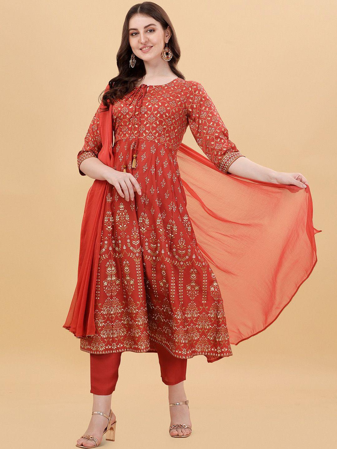 berrylicious women ethnic motifs printed pure silk kurta with trousers & dupatta