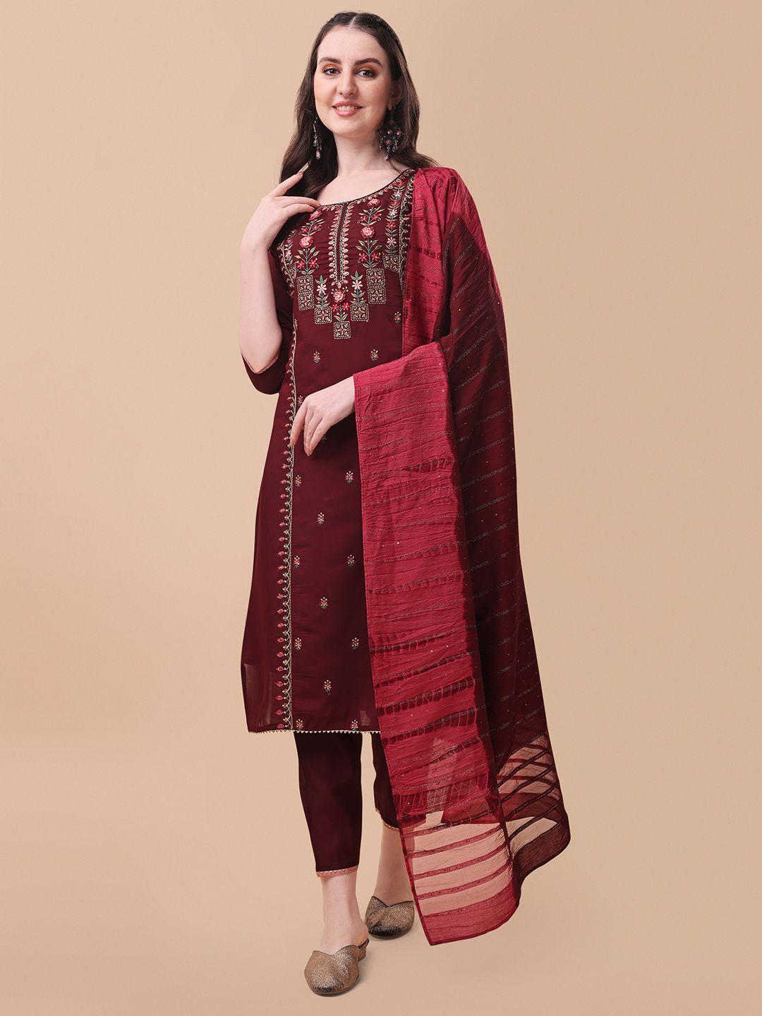 berrylicious women floral embroidered chanderi cotton kurta with trousers & dupatta