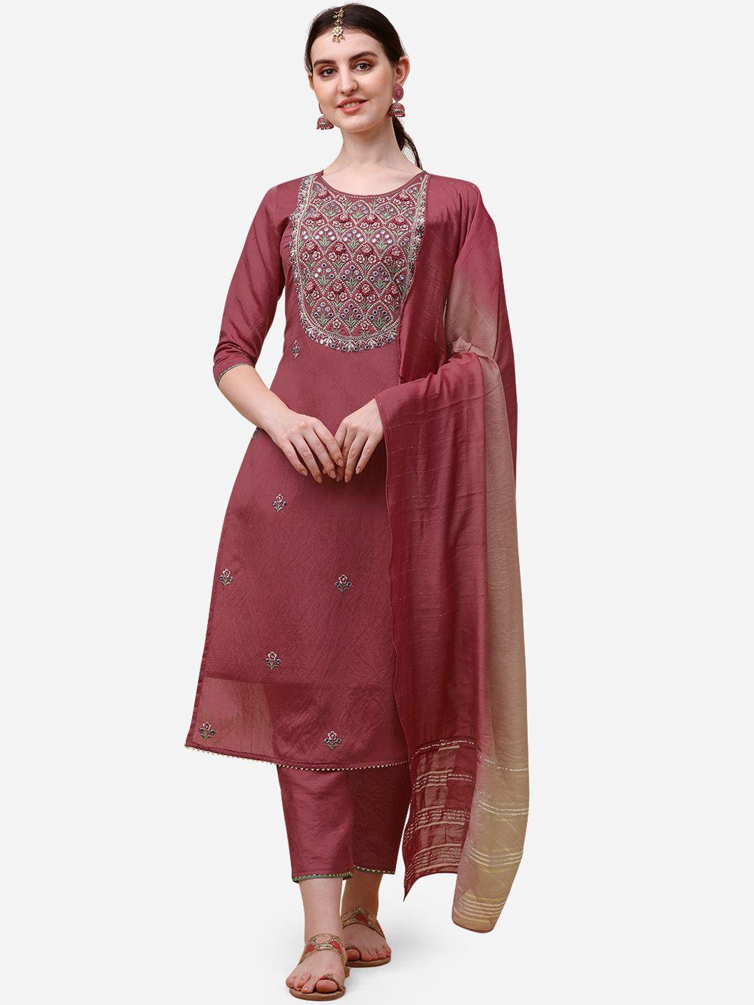 berrylicious women floral embroidered chanderi cotton kurta with trousers & dupatta