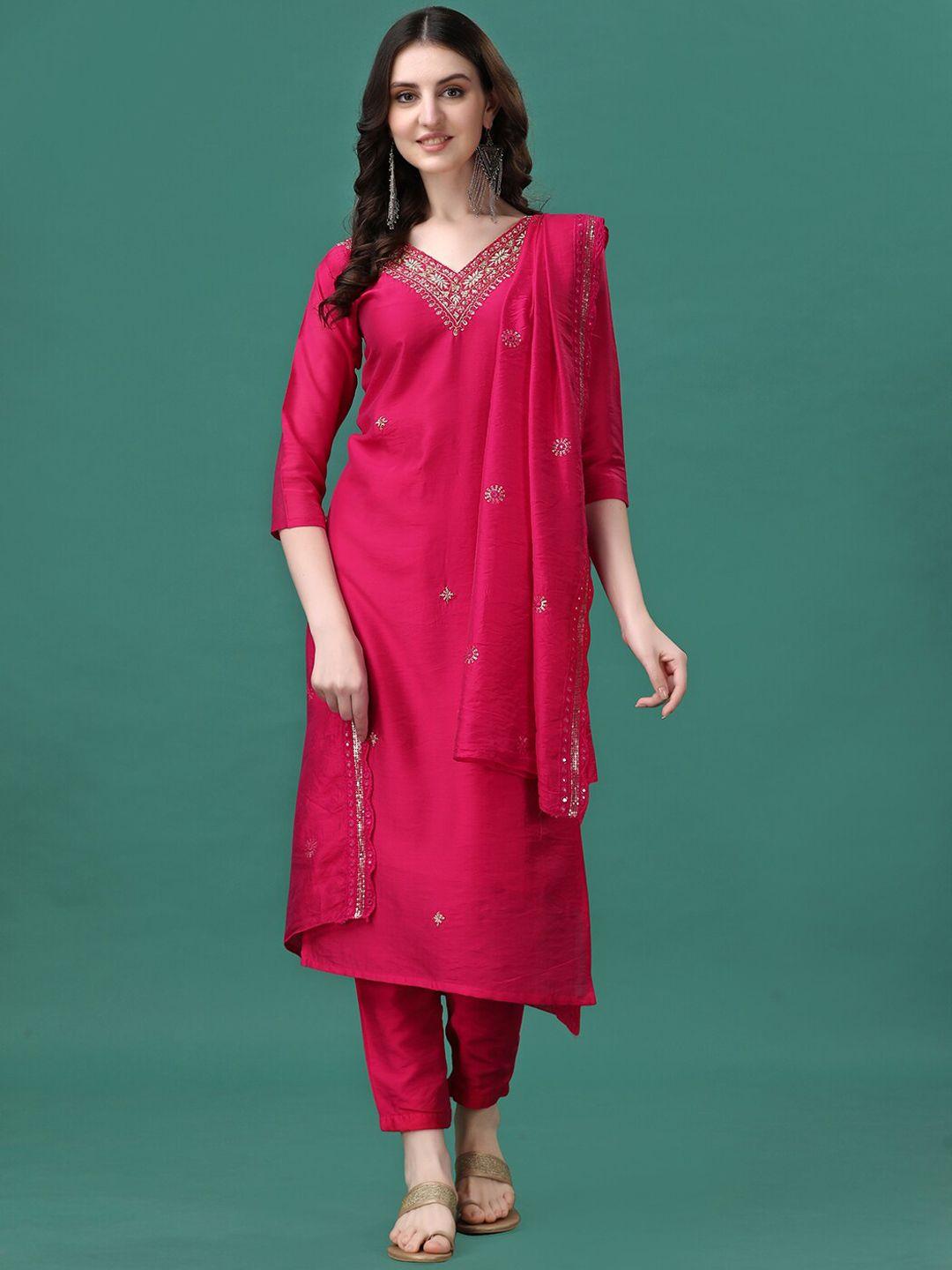 berrylicious women floral embroidered regular chanderi cotton kurta with trousers & with dupatta