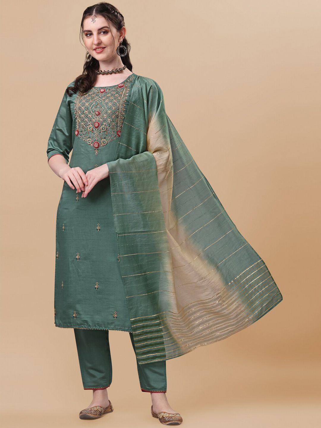 berrylicious women green embroidered chanderi cotton kurta with trousers & with dupatta