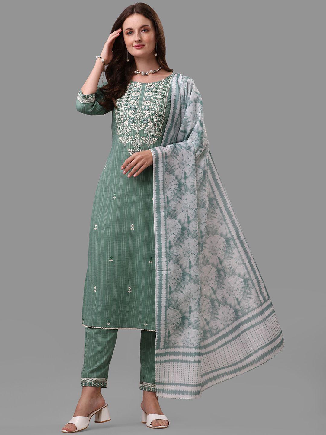 berrylicious women green ethnic motifs embroidered pure cotton kurta with trousers & with dupatta