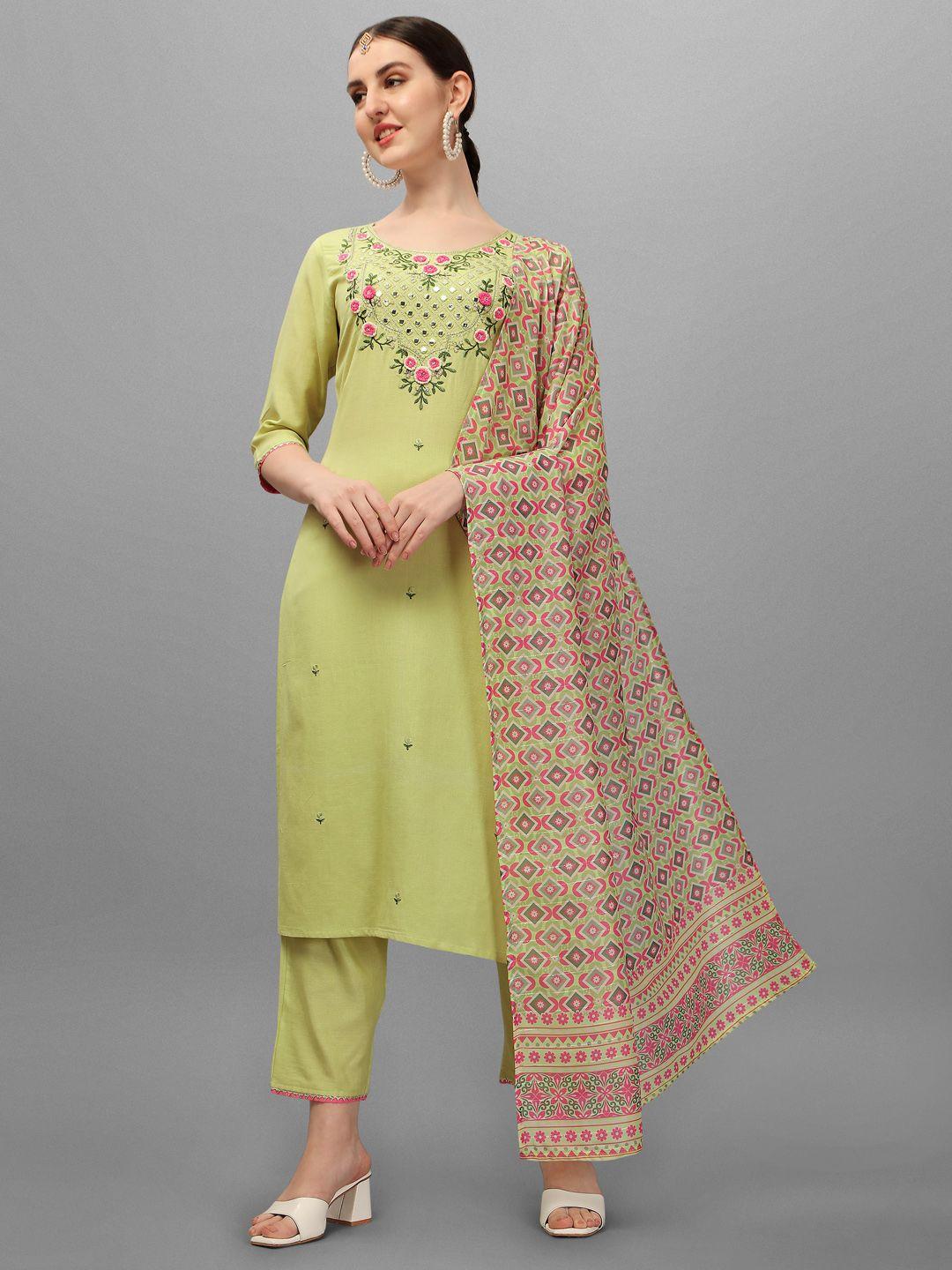 berrylicious women green floral embroidered thread work kurta with trousers &  dupatta