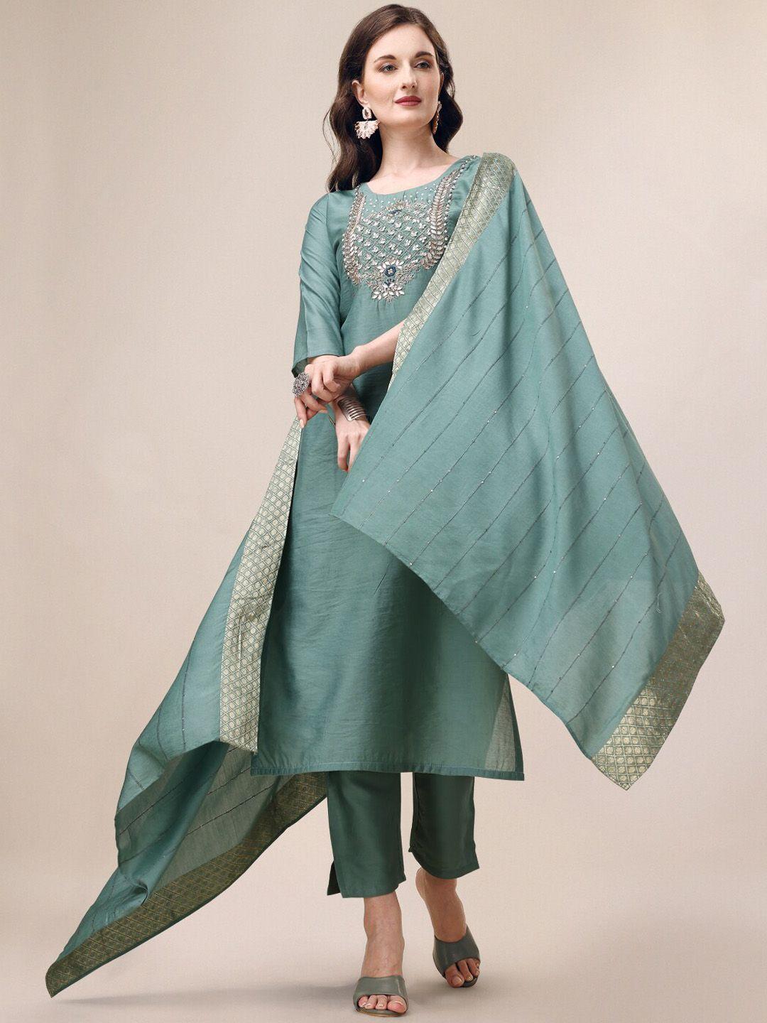 berrylicious women green floral yoke design regular thread work chanderi cotton kurta with trousers & with